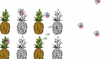 Displaying stylized pineapple pattern on white canvas with pink pots and green leaves, copy space