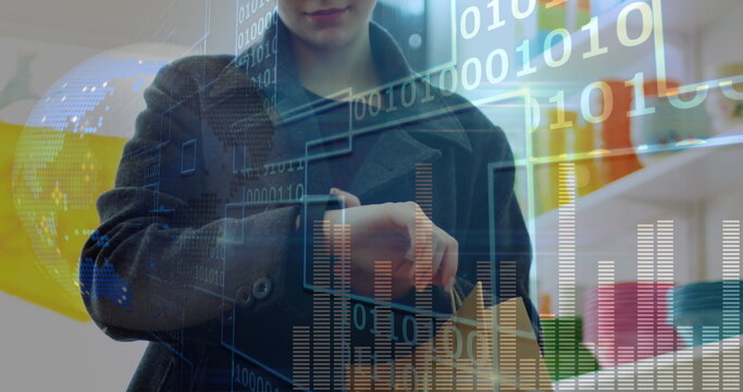 Tapping smartwatch by customer wearing dark coat in retail store, with paper bag and data overlays