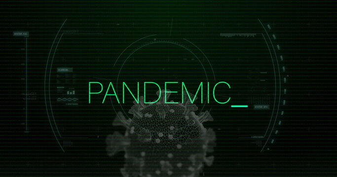 Displaying neon-green PANDEMIC_ text centered on green interface, with 3D virus model and HUD lines