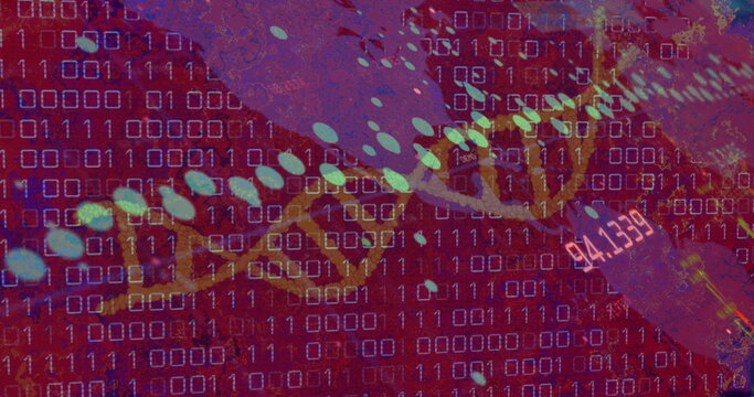 Displaying twisting DNA helix in virtual lab, with binary grid, data nodes and numeric display - Powered by Adobe