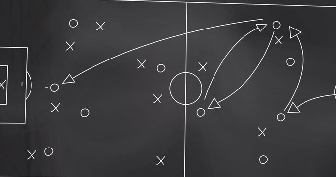 Chalkboard surface displaying tactical soccer strategy in coaching room, with white chalk drawings