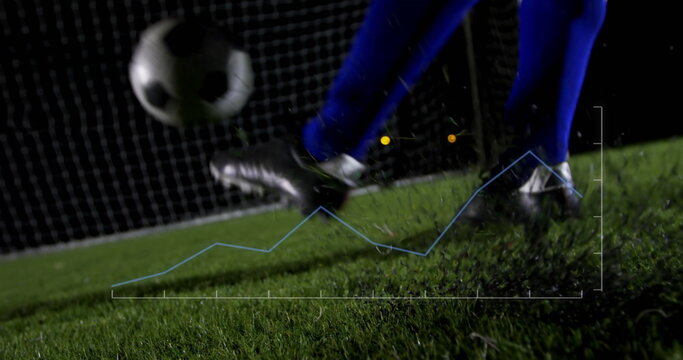 Legs wearing blue tights and cleats kicking soccer ball on grass pitch, with graph overlay