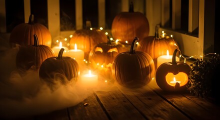 Illuminated pumpkins on a dark porch with artificial fog, Halloween atmosphere, moody lighting, and spooky seasonal decoration.
