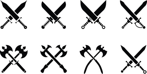 Crossed Swords and Battle Axes Vector Icon Set – Medieval Weapon Silhouettes Collection