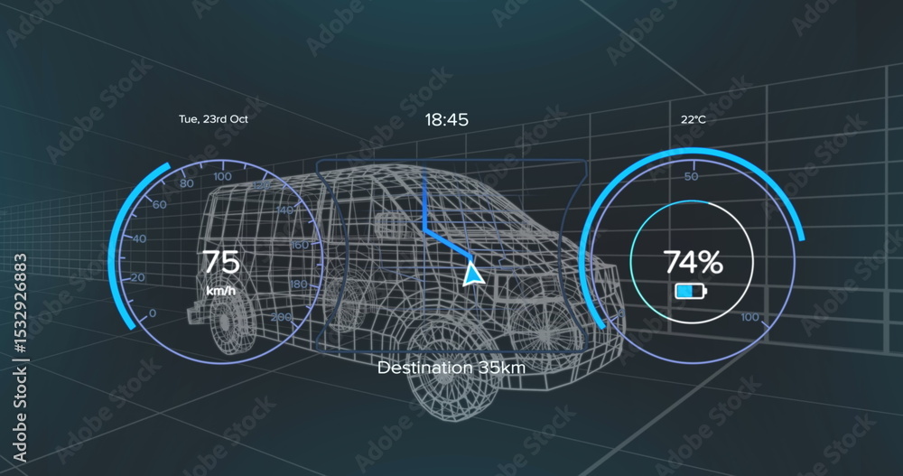 Poster displaying 3d van wireframe moving within virtual grid with speedometer, battery, navigation arrow