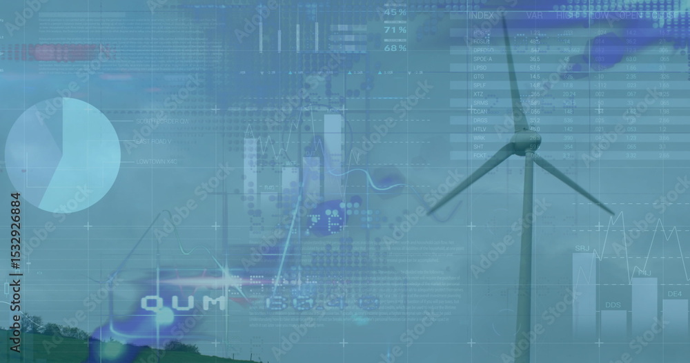 Poster displaying wind turbine on green hill with pie chart, charts and numeric data grid, copy space