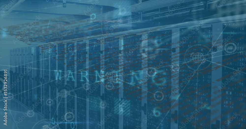 Poster showing server racks with warning overlay in data center corridor, with floating binary code icons