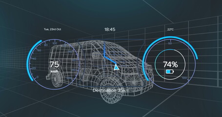 Displaying 3D van wireframe moving within virtual grid with speedometer, battery, navigation arrow