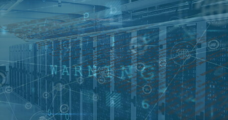 Showing server racks with warning overlay in data center corridor, with floating binary code icons