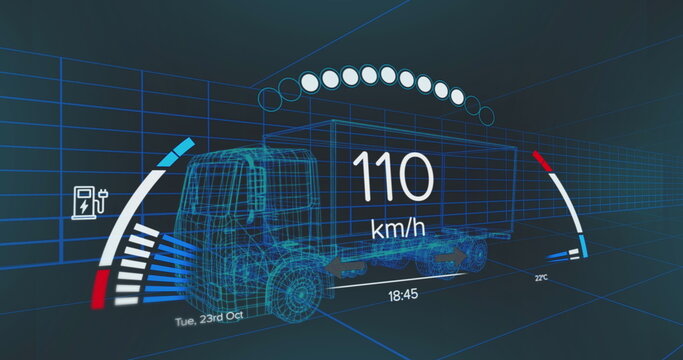 Fototapeta Projecting blue wireframe cargo truck model rotating in 3D grid, with speed and energy gauges