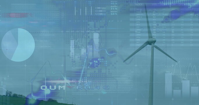 Displaying wind turbine on green hill with pie chart, charts and numeric data grid, copy space