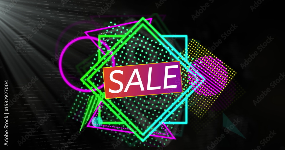 Poster displaying neon geometric outlines overlapping on dark stage, featuring gradient sale rectangle