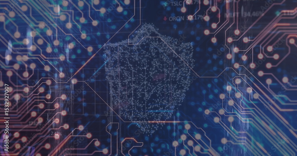 Poster floating white data polygon pulsing on virtual control panel, with glowing orbs and circuit traces