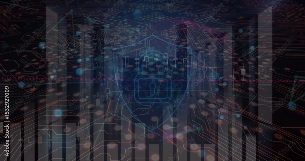 Poster floating blue shield with lock icon in data visualization, circuit traces, data charts and servers