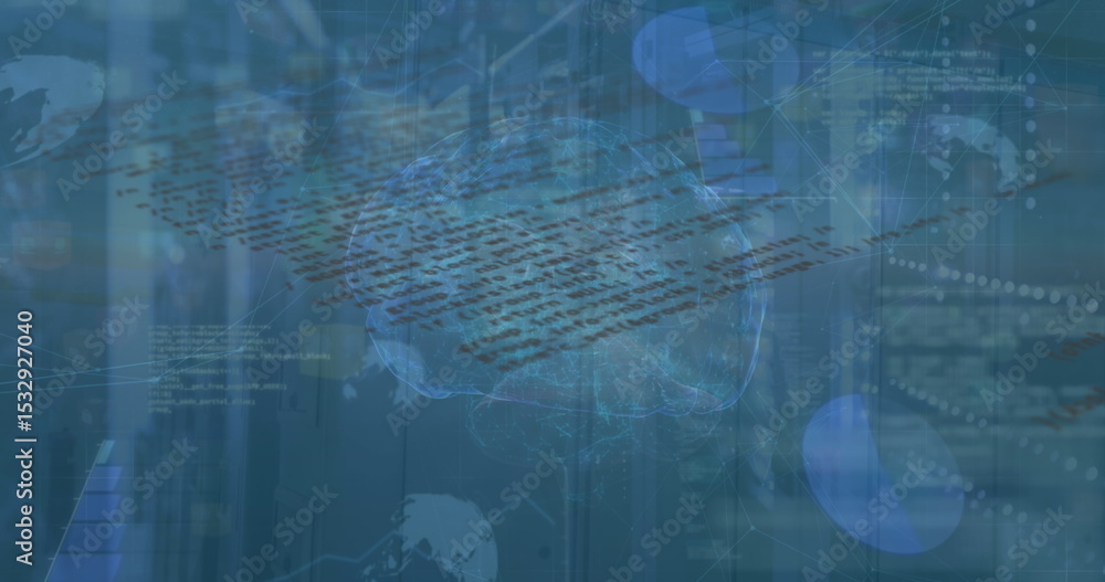 Poster holographic brain network pulsating in server room with scrolling code racks and data overlays