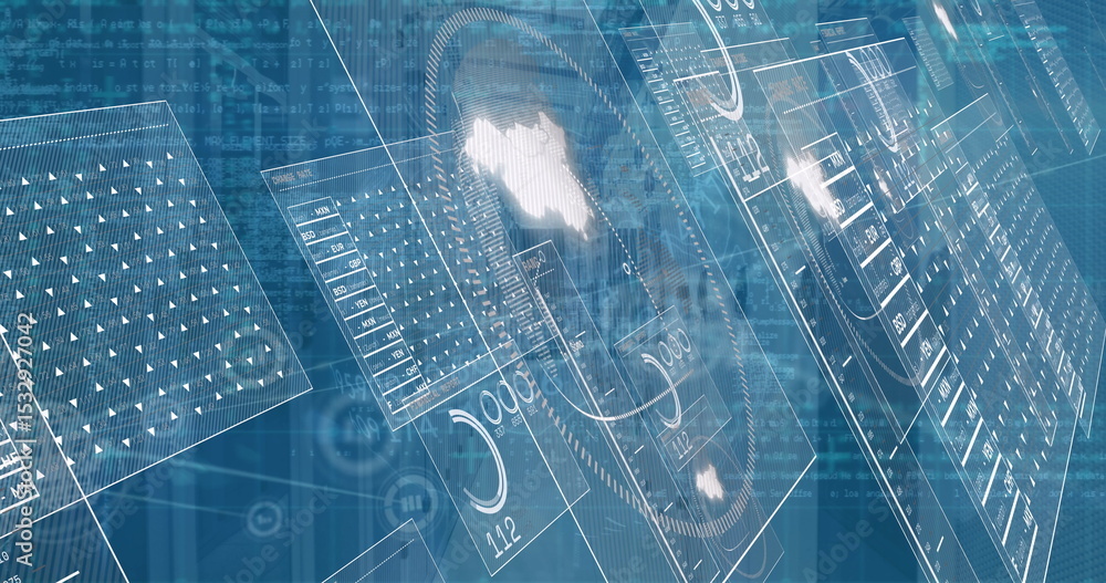 Poster displaying holographic panels floating in digital workspace with gauges, map outline, code streams