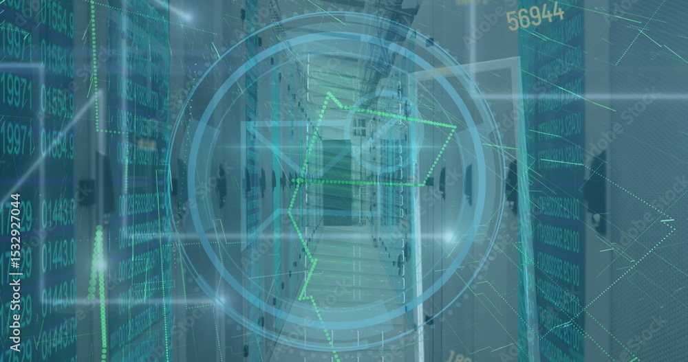 Poster projecting circular hologram streaming data in server rack corridor, blinking indicator lights