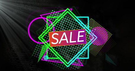 Displaying neon geometric outlines overlapping on dark stage, featuring gradient SALE rectangle