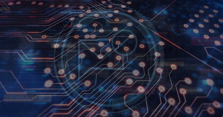 Showing central circular data interface pulsing in virtual interface, with glowing connection nodes
