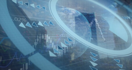 Rotating globe displaying candlestick, line and percent charts, arrow icons and rings in data grid