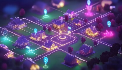 A vibrant digital representation of a neighborhood interconnected by a network.