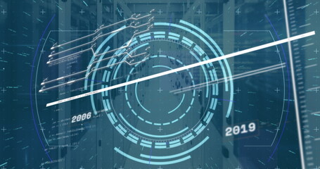 Projecting round HUD over data center racks, with rings, radial markers, streaks, code, year labels