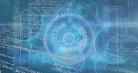 Projecting central HUD element over computer interface with scrolling code and focus brackets