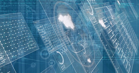 Displaying holographic panels floating in digital workspace with gauges, map outline, code streams