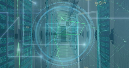Projecting circular hologram streaming data in server rack corridor, blinking indicator lights