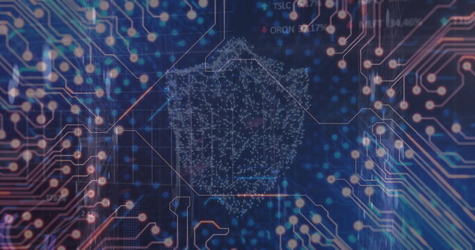 Floating white data polygon pulsing on virtual control panel, with glowing orbs and circuit traces