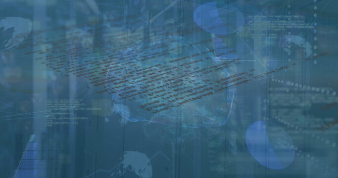 Holographic brain network pulsating in server room with scrolling code racks and data overlays - Powered by Adobe