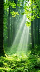 Obraz premium Lush Green Forest Landscape with Sunlight Streaming Through Pine Trees