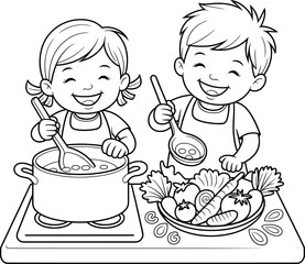 Two Children Cooking Vegetables in Kitchen Cartoon Line Art