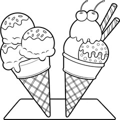 Two Ice Cream Cones with Sprinkles Cherries and Wafers Line Drawing