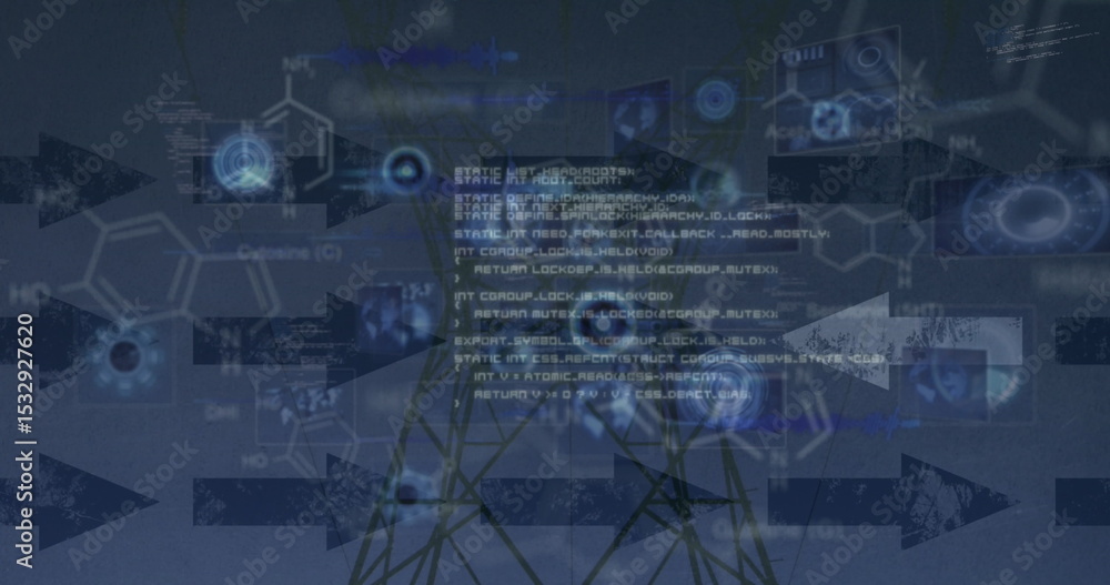 Poster Featuring code snippet overlaying chemical formulas and network lines with arrows in tech graphic