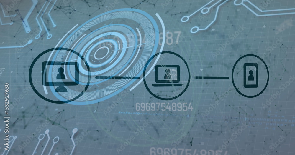 Aufkleber linking desktop, laptop, smartphone icons on data grid, with circuit and numeric data overlays