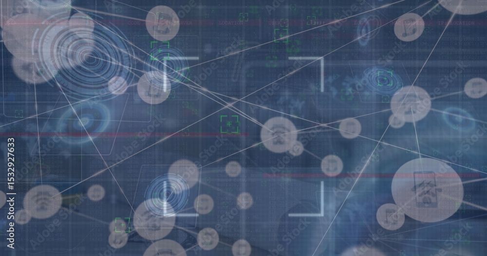 Poster displaying network nodes linked by lines on grid, with map outlines, data streams, green reticles