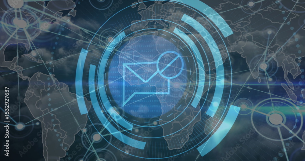 Poster displaying stylized envelope icon glowing within concentric digital rings over world map interface