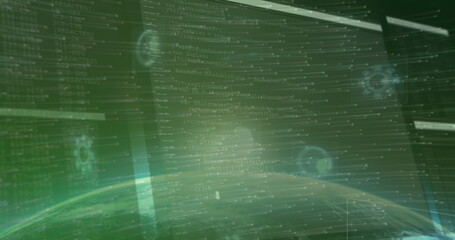 Displaying holographic code panels streaming data at digital console, with planetary horizon