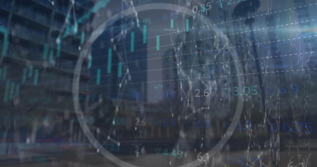 Presenting financial overlay over skyline, featuring candlesticks, numeric labels, network sphere
