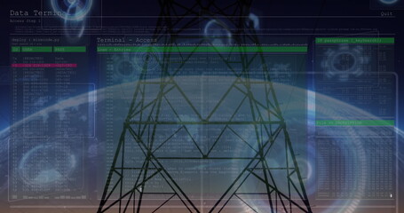 Standing transmission tower silhouette over Earth horizon at dusk, with code terminals, HUD circles