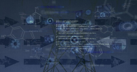 Featuring code snippet overlaying chemical formulas and network lines with arrows in tech graphic