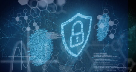 Displaying chalk-style shield with padlock on virtual security interface, with fingerprint patterns