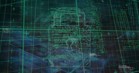 Displaying stylized digital padlock hovering on dark grid, with circuit pattern and binary code