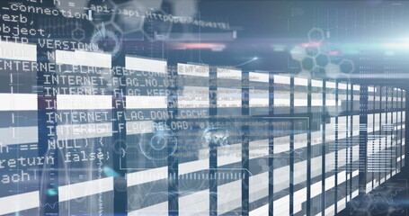 Illuminating server racks streaming data lines at digital data center, with code overlays