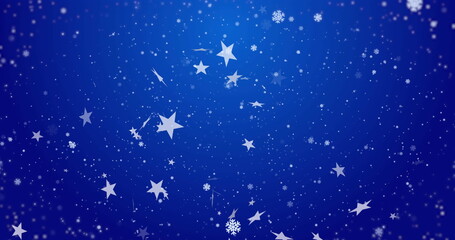Dancing white snowflakes and star shapes over deep blue gradient background, festive design