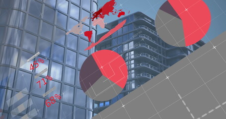 Displaying two red grey pie charts overlaying business district, with world map labels grid lines