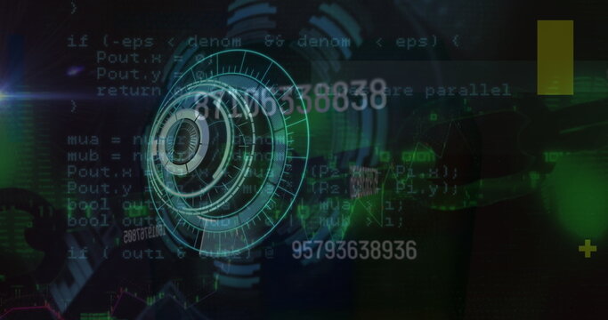 Floating circular HUD element rotating in high-tech interface, with code text and numeric sequences