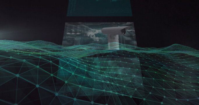Hovering white security camera scanning cyberspace, with teal-green mesh, data panels and screens - Powered by Adobe