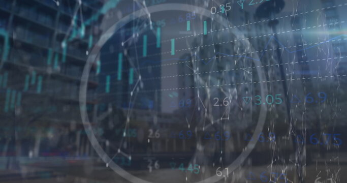 Presenting financial overlay over skyline, featuring candlesticks, numeric labels, network sphere